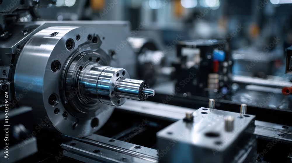 Fototapeta premium Lathe spindle rotating while machining metal shaft in workshop