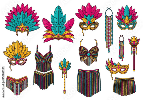 Carnival costume elements with feathers and beads for celebration.