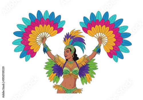 Woman in vibrant carnival costume dancing with feathered fans.