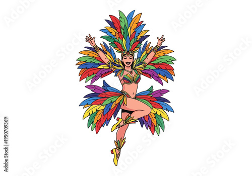Woman in Colorful Carnival Costume Dancing with Feathers.
