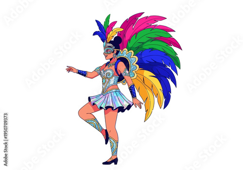 Carnival Dancer with Colorful Feather Headdress and Costume.