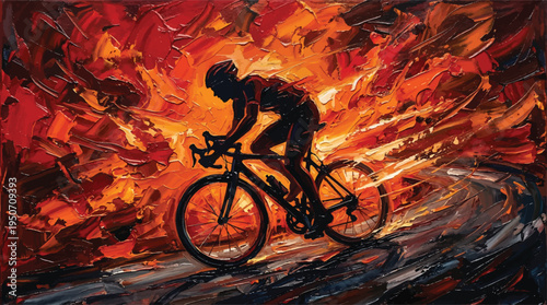 A cyclist's silhouette races intensely through a dramatic, fiery abstract background created with thick impasto brushstrokes.