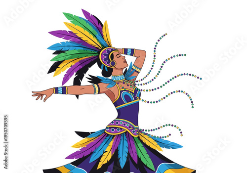 Woman in vibrant carnival costume dancing with feathers and beads.