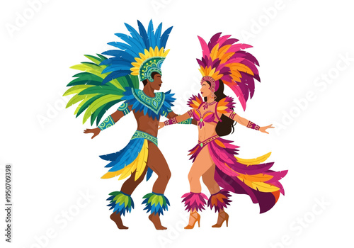 Vibrant Brazilian Carnival Dancers in Traditional Feathered Costumes.