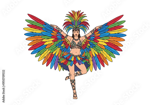 Woman in Colorful Carnival Costume with Large Feathered Wings.