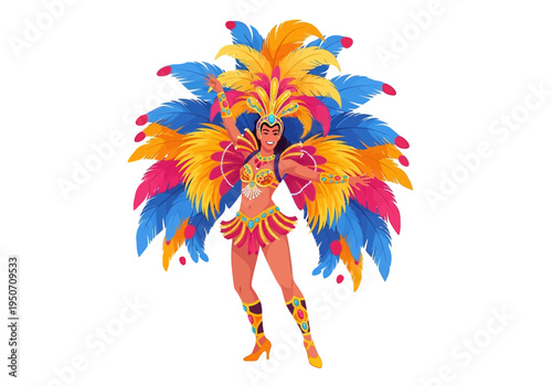 Woman in vibrant carnival costume with large feathered headdress and wings.