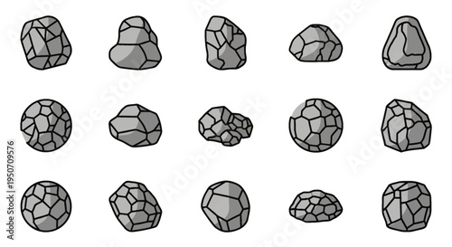 Collection of fifteen stylized grey rock and stone icons with black outlines and geometric faceted textures, isolated on white background for gaming and geological design purposes.