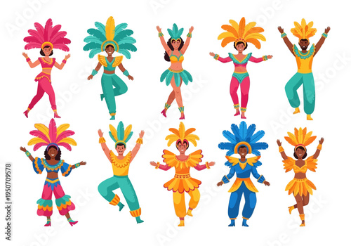 Diverse Group of Dancers in Vibrant Carnival Costumes.