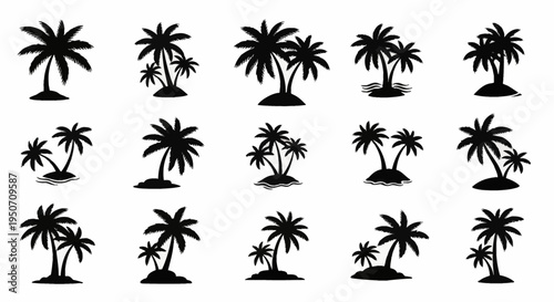 Set of fifteen black palm tree silhouette icons isolated on white, featuring single, double, and triple tropical coconut trees on small islands for summer beach and travel designs.