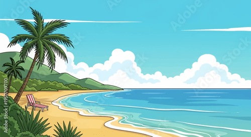 Vector illustration of a tropical beach with a red and white striped deck chair on sand, palm trees, turquoise ocean water, green mountains, and white clouds in a bright blue sky.
