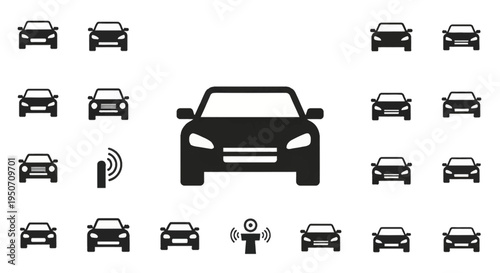 Vector collection of black car front view icons featuring various automotive silhouettes, sedan models, and smart vehicle sensor symbols isolated on a white background for apps.