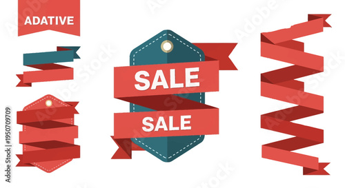 Set of red flat and folded ribbon banners including price tags and sale labels with decorative stitching and white text on blue and red backgrounds, isolated on white background.