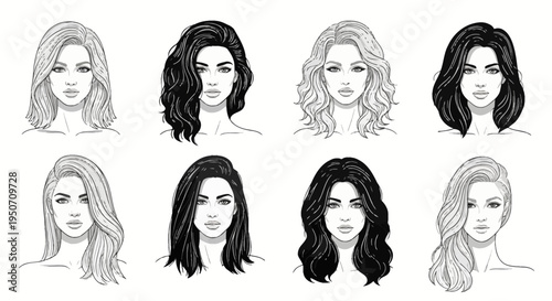Set of eight vector illustrations featuring diverse women's hairstyles including long wavy, bob, and layered cuts depicted in clean black and white line art on a white background.
