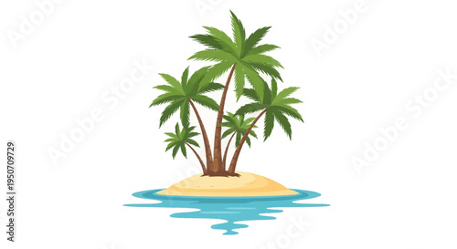 Vector illustration of a small tropical island with green palm trees and yellow sandy beach isolated on white background. Blue ocean water reflection at the base of the shore.