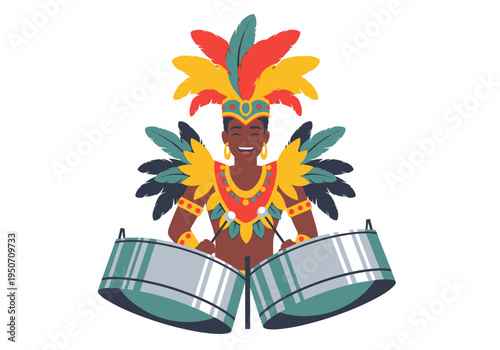 Carnival Dancer Playing Drums with Colorful Costume.