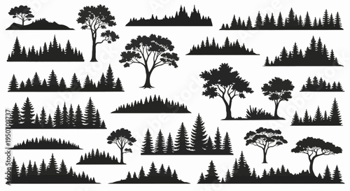 Large collection of diverse black forest silhouettes including pine trees, spruce, deciduous trees, and wooded horizon lines isolated on a white background for landscape design.