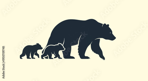Stylized minimalist vector silhouette of a large mother bear walking with her two small cubs in a row, isolated on a light neutral background depicting wild animal family life.