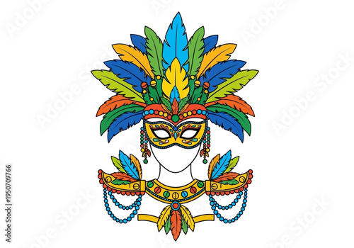 Colorful Masquerade Mask with Feathers and Ornate Neckpiece.