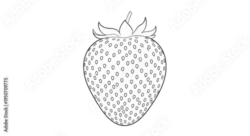Black and white line art vector illustration of a whole strawberry with visible seeds and leafy calyx, isolated on a white background for coloring book pages or graphic design.