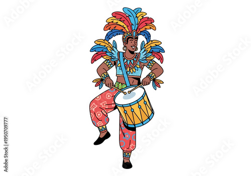 Man in colorful costume playing drum during festival celebration.