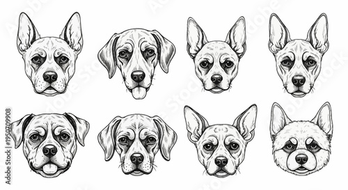 Set of eight detailed black and white hand-drawn vector illustrations of various dog breed heads, featuring breeds like pitbull, beagle, and terrier types on a white background.