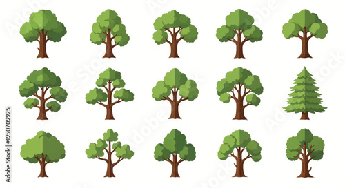 Set of fifteen flat design vector tree icons isolated on white background. Includes various deciduous shapes and one evergreen pine tree with green foliage and brown trunks for nature design.