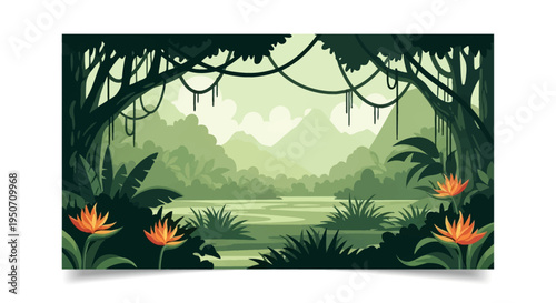 Vector illustration of a tropical jungle landscape with a river, hanging liana vines, orange bird of paradise flowers, and distant misty mountains under a soft green cloudy sky.