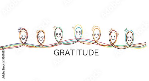 Vector illustration of 6 smiling faces with colorful lines, Gratitude