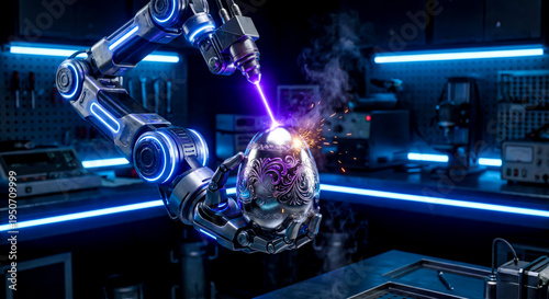Automated industrial manipulator uses purple laser beam to create ornamental floral patterns on metallic egg shell.