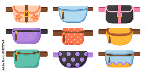 A colorful illustration of nine fanny packs in various designs and colors on transparent background