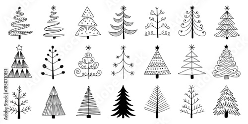 A set of minimalist Christmas tree illustrations on transparent background