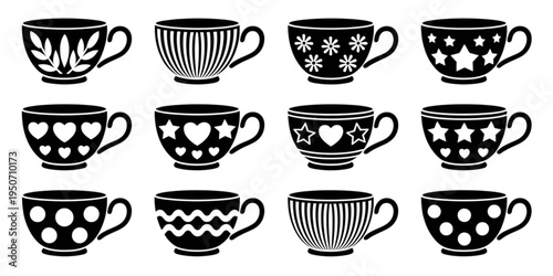 A set of black and white coffee cups with various designs on transparent background