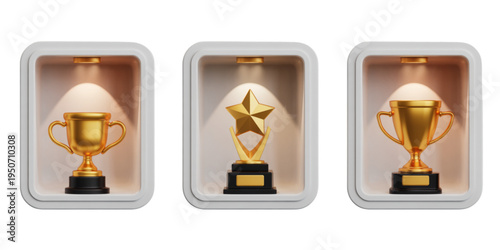 A set of three golden trophies and a star award on transparent background