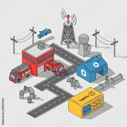 Isometric illustration of emergency services and logistics infrastructure, including a fire station, hospital, communication tower, and delivery hub.