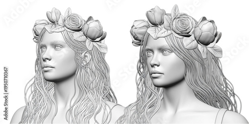 A grayscale vector illustration of two women with floral crowns on transparent background