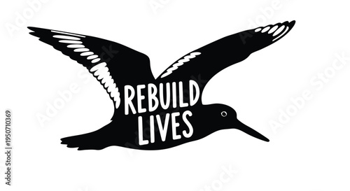 Black bird icon with REBUILD LIVES text, vector