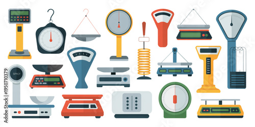 A colorful illustration of various scales and balances on transparent background