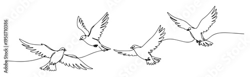 group of flying birds in minimalist line art