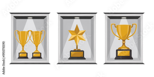 A vector graphic illustration of three golden trophies and one star award in display cases on transparent background