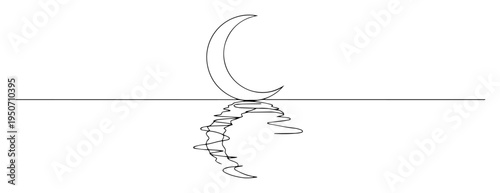 crescent moon line art with reflection on water
