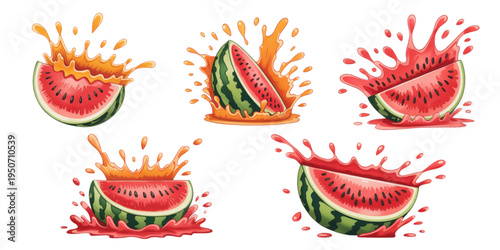 A colorful vector illustration of watermelon slices with juice splashes on transparent background