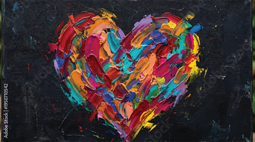 A vibrant, thick impasto paint heart shape is thickly textured against a dark background.