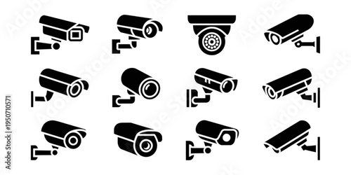 A set of black and white security camera icons on transparent background