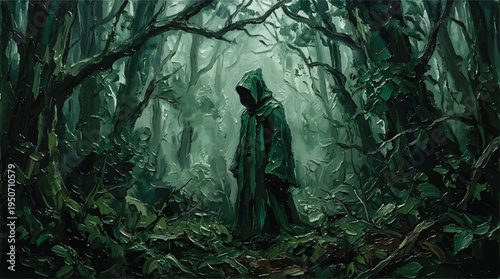 A solitary figure in a dark green hooded cloak stands alone within a dense, overgrown, and misty forest.
