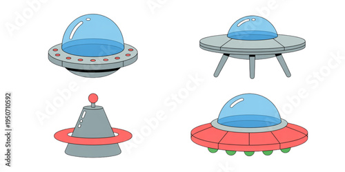 A set of colorful cartoon UFOs and flying saucers on transparent background