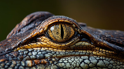 Crocodile Eye Macro. Macro photograph of a crocodile eye showing rough reptile scales and a bright yellow iris with slit pupil, realistic skin texture with water droplets, natural daylight lighting, w