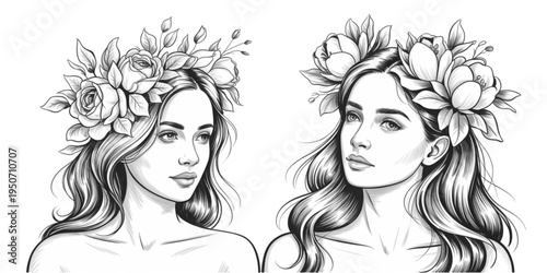 A minimalist line art illustration of two women with floral crowns on transparent background
