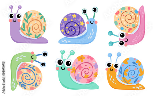 A set of flat vector illustrations in a simple children's style. Cute snails of different colors and shell ornate