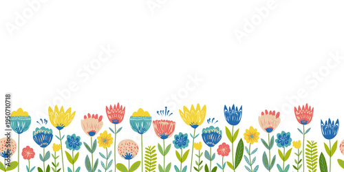 Collection of spring colorful flower elements vector. Floral boarder of wildflower, leaf branch, foliage on white background. Hand drawn blossom illustration for decor, easter, sticker, clipart
