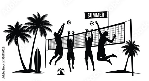Vector illustration of 4 people playing beach volleyball in summer